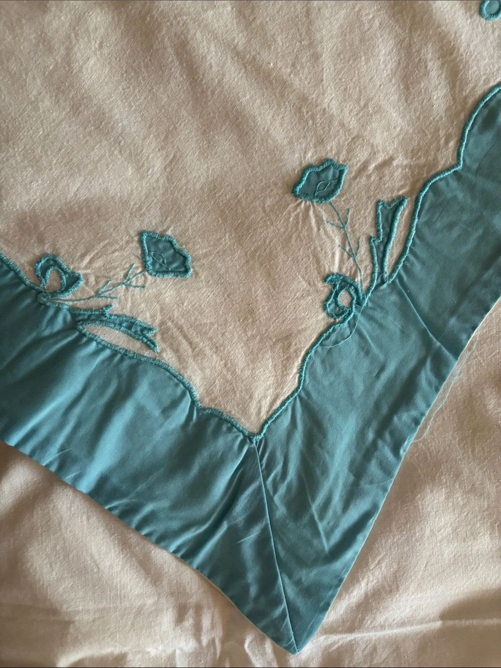 Vintage Hand Made Embroidered Cotton Queen Top Sheet, Teal & White